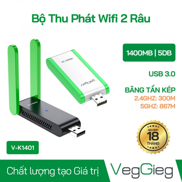 Bộ Thu Phát Wifi veggieg Cổng USB 3.0 2 Râu 1400MB - V-K1401