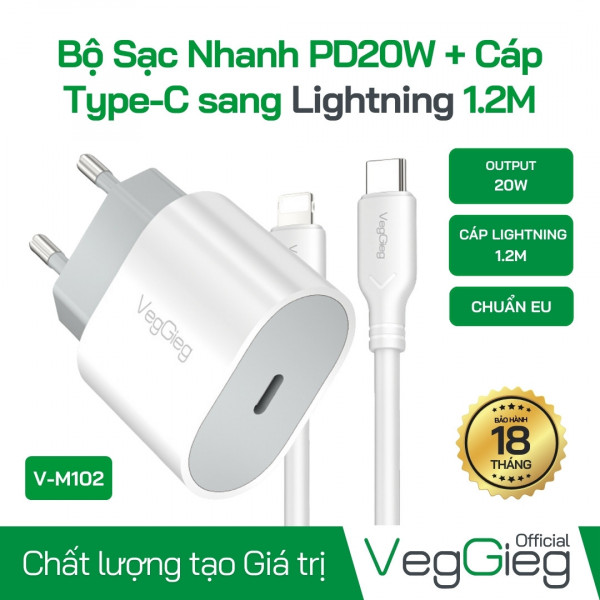 Bộ Sạc Nhanh veggieg PD20W + Cáp USB-C sang Lightning cho iPhone 1.2M (Chuẩn EU) - V-M102